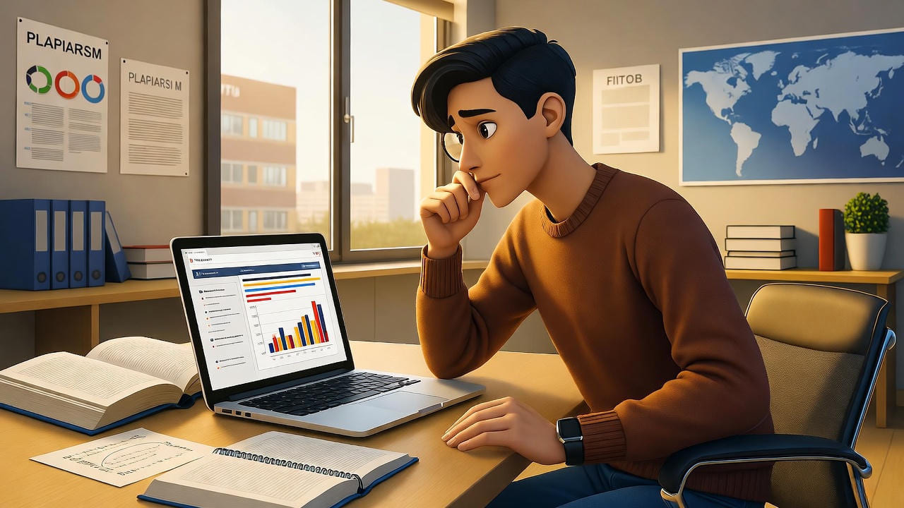 Young professional sitting at a modern office desk analyzing colorful bar graphs on a laptop screen, surrounded by open books, documents, and charts, representing business analytics, data research, and academic study in a bright, organized workspace with global map and charts on the wall.